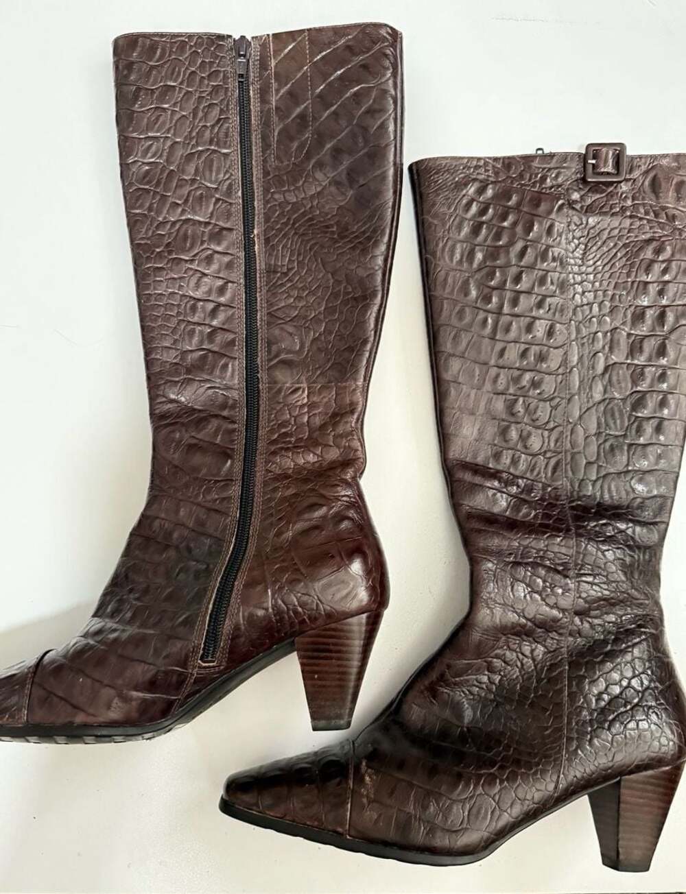 Ecco Elizabeth Brown Crocodile Embossed Leather Riding Boots Womens 38 US 8-8.5